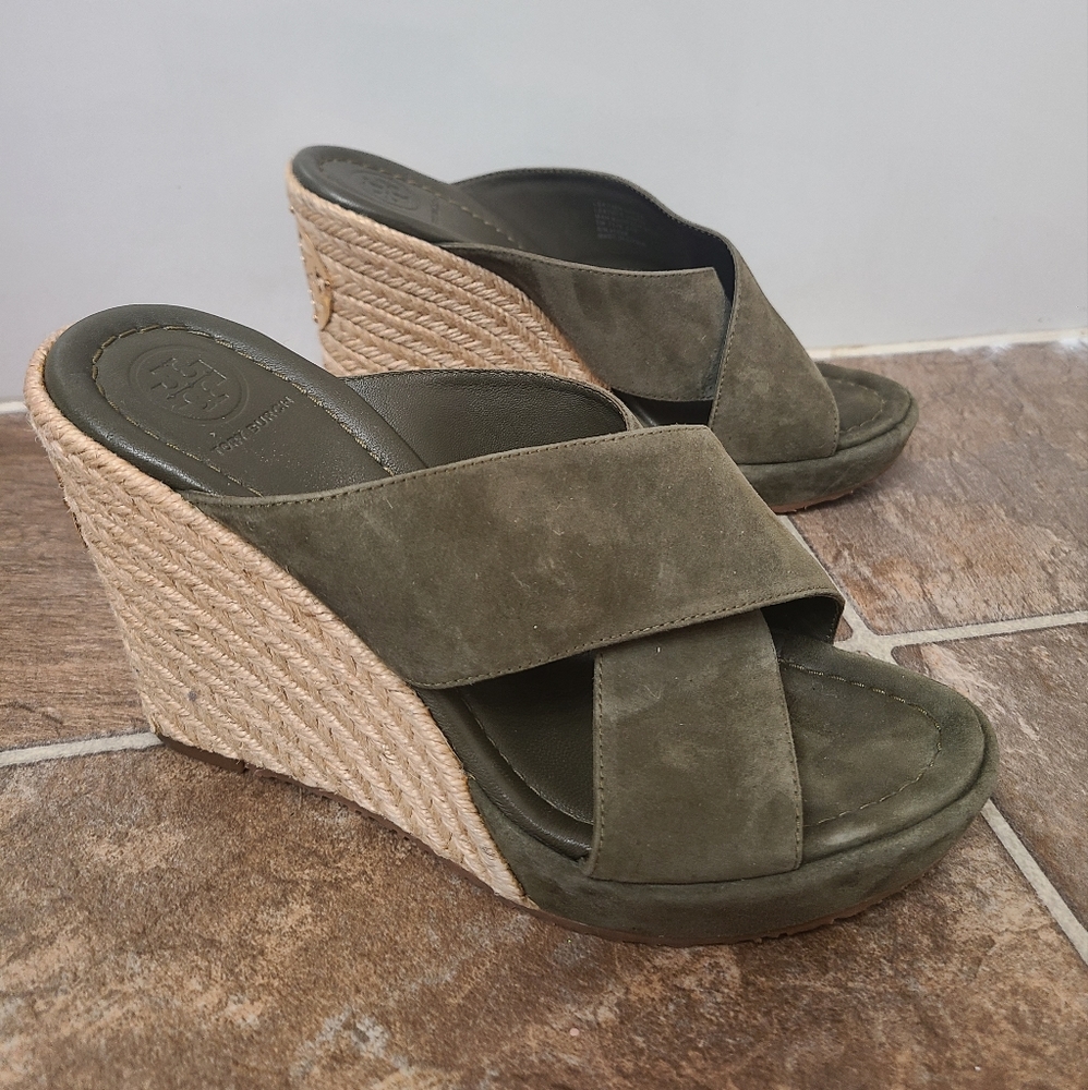 Tory Burch Bailey Suede Wedge Mule Espadrille Sandal Size 7